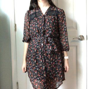 Floral Button Down Dress With Tie